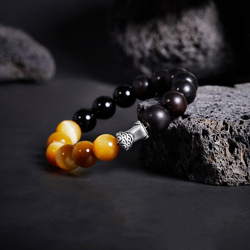 Buddha Stones Armband van 999 sterling zilver, ebbenhout, tijgeroog en zwarte obsidiaan. - image 1