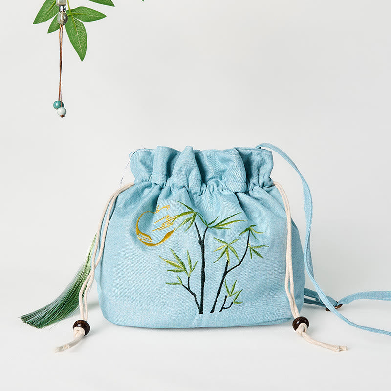 Buddha Stones Geborduurde groene Schoudertas (crossbody) van bamboe, katoen en linnen - Groene bamboe 19*20*10 cm - image 0