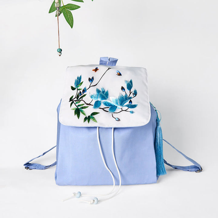 Buddha Stones Handgemaakte, grote canvas Rugzak met geborduurde blauwe magnolia - Blauwe magnolia - image 0