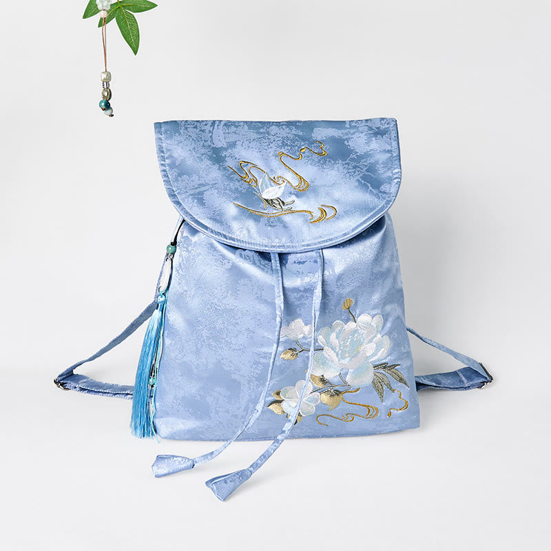 Buddha Stones Handgemaakte Rugzak van polyester en katoen met geborduurde blauwe camelia&
