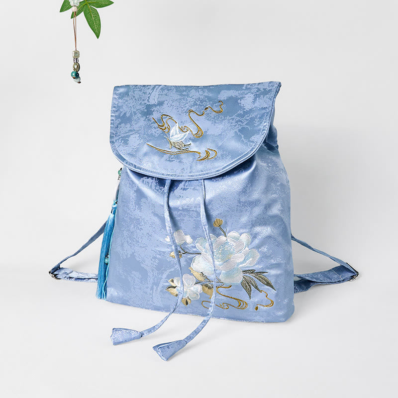 Buddha Stones Handgemaakte Rugzak van polyester en katoen met geborduurde blauwe camelia&
