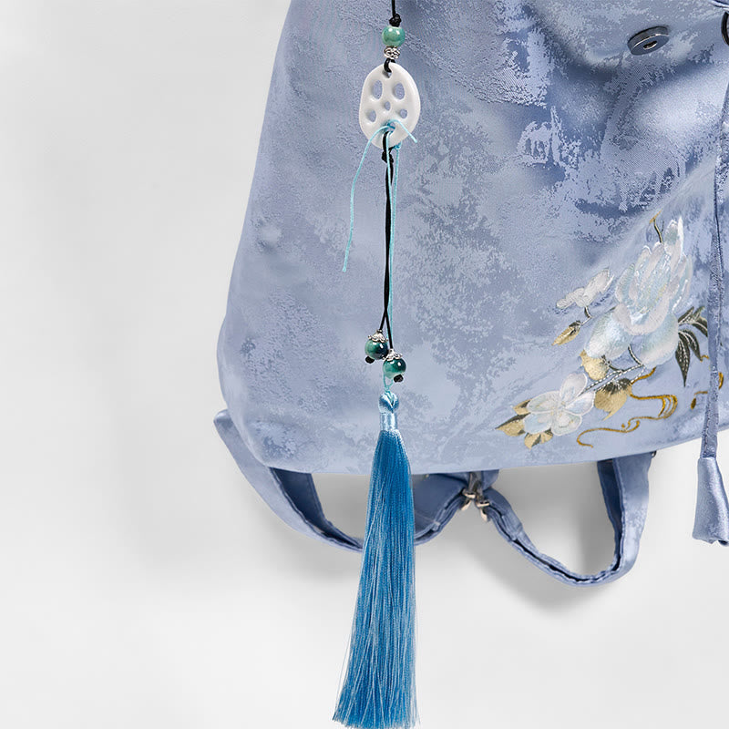 Buddha Stones Handgemaakte Rugzak van polyester en katoen met geborduurde blauwe camelia&