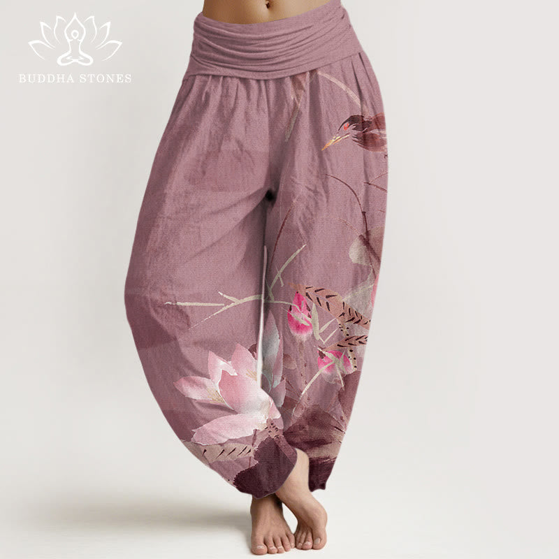 Buddha Stones Roze katoenen harembroek met lotusbladeren en vogelpatroon, elastische Taille . - Lichtpaarsrood - US22, UK/AU26, EU54 (6XL) - image 7