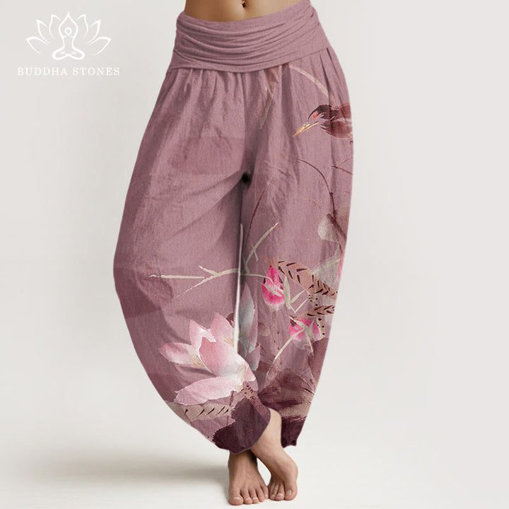 Buddha Stones Roze katoenen harembroek met lotusbladeren en vogelpatroon, elastische Taille . - Lichtpaarsrood - US22, UK/AU26, EU54 (6XL) - image 7