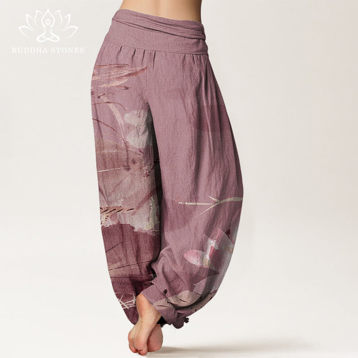 Buddha Stones Roze katoenen harembroek met lotusbladeren en vogelpatroon, elastische Taille . - image 9