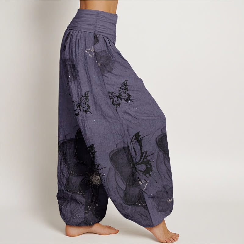 Buddha Stones Harembroek voor dames met elastische Taille en vlinder- en bloemenprint van 100% Cotton - image 2