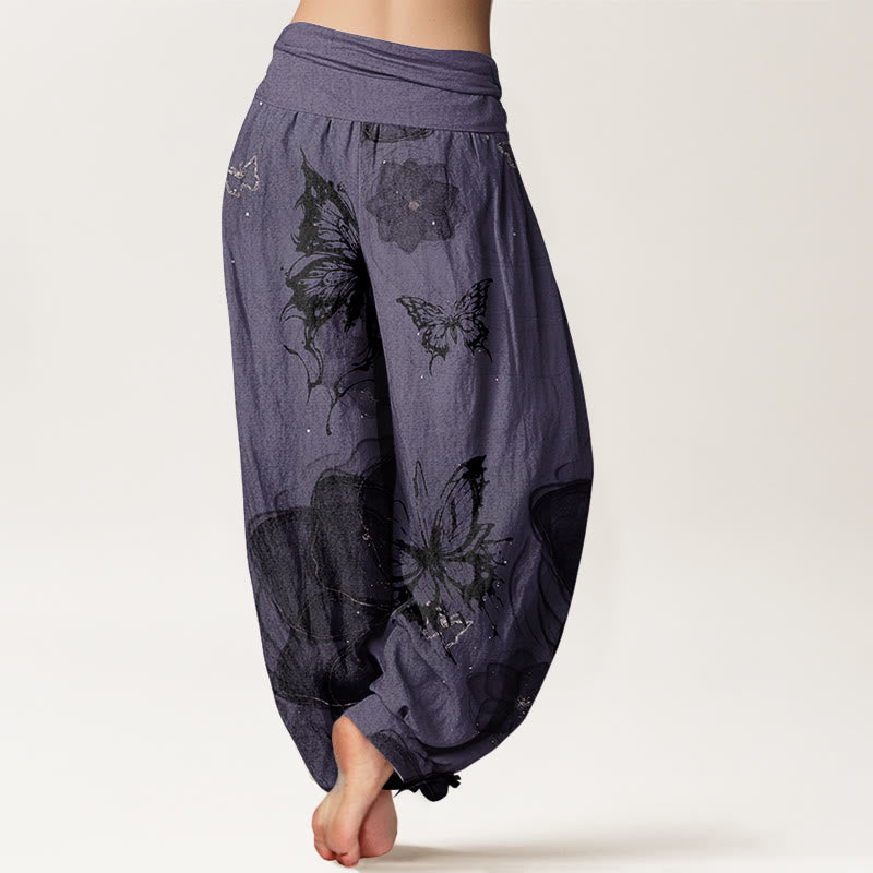 Buddha Stones Harembroek voor dames met elastische Taille en vlinder- en bloemenprint van 100% Cotton - image 1