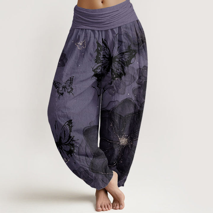Buddha Stones Harembroek voor dames met elastische Taille en vlinder- en bloemenprint van 100% Cotton - Donkerpaars - US22, UK/AU26, EU54 (6XL) - image 0