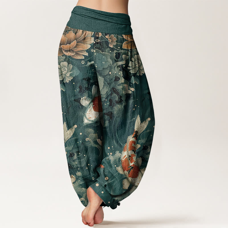 Buddha Stones Harembroek voor dames met elastische Taille, 100% Cotton met een kleurrijk ontwerp van koivissen en lotusbloemen. - image 1