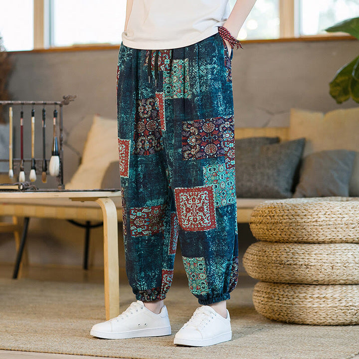 Buddha Stones Zomerse vierkante patchwork heren harembroek tot de enkels met Zakken - Staalblauw - US/UK/AU46, EU56 (5XL) - image 31