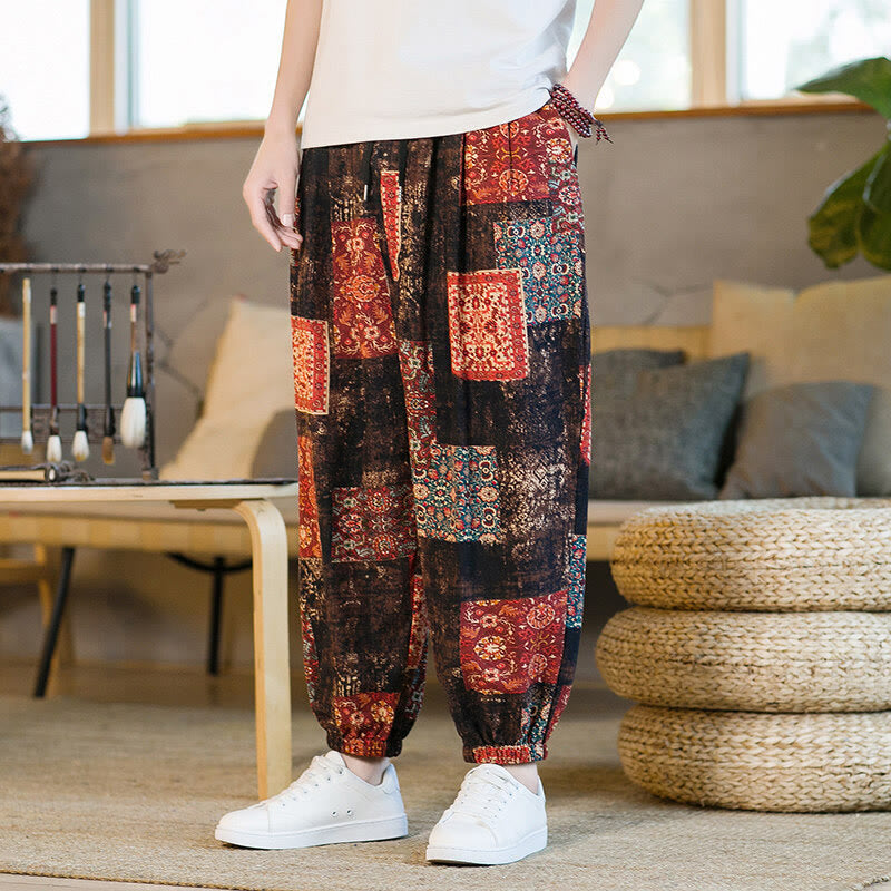 Buddha Stones Zomerse vierkante patchwork heren harembroek tot de enkels met Zakken - RosyBrown - US/UK/AU46, EU56 (5XL) - image 0