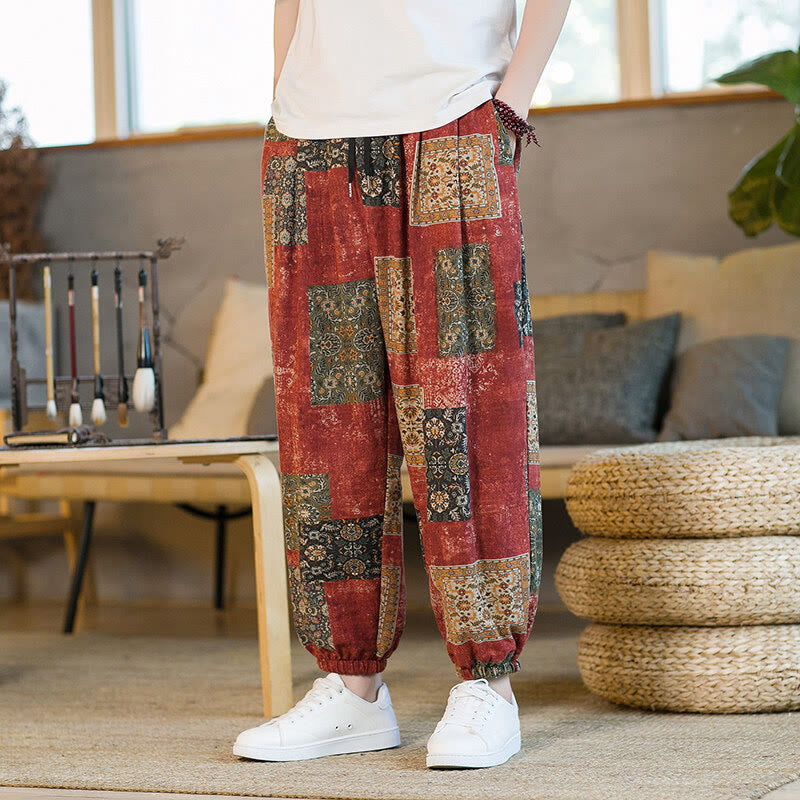 Buddha Stones Zomerse vierkante patchwork heren harembroek tot de enkels met Zakken - Rood - US/UK/AU46, EU56 (5XL) - image 9