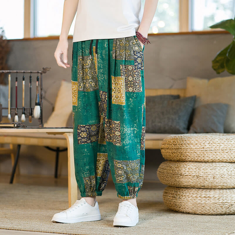 Buddha Stones Zomerse vierkante patchwork heren harembroek tot de enkels met Zakken - Middelgroot aquamarijn - US/UK/AU46, EU56 (5XL) - image 18