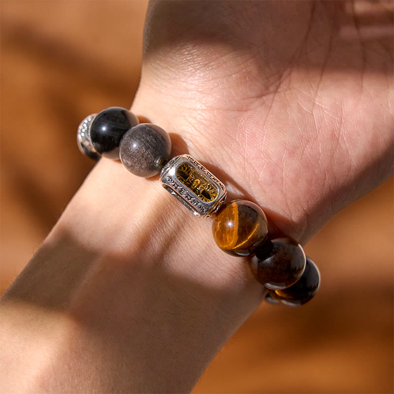 Buddha Stones Natuurlijke zilverglans obsidiaan tijgeroog Vajra Armband - image 4