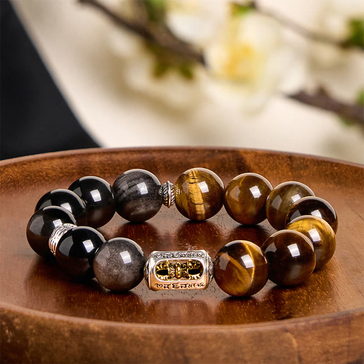 Buddha Stones Natuurlijke zilverglans obsidiaan tijgeroog Vajra Armband - image 1