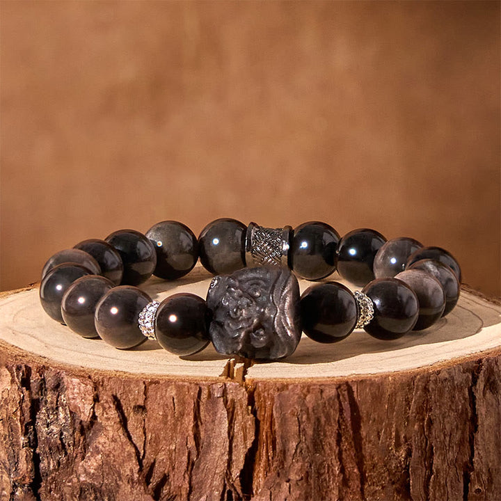Buddha Stones Armband van obsidiaan met natuurlijke zilverglans en leeuwendans - image 7
