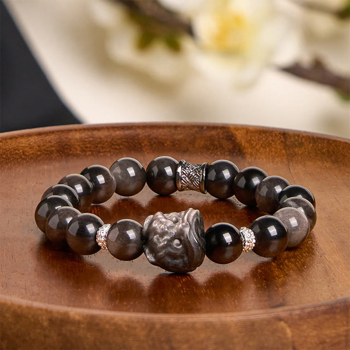 Buddha Stones Armband van obsidiaan met natuurlijke zilverglans en leeuwendans - image 2