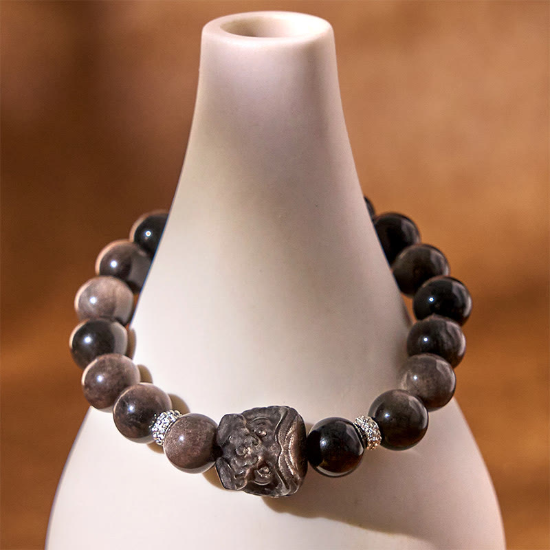 Buddha Stones Armband van obsidiaan met natuurlijke zilverglans en leeuwendans - image 8