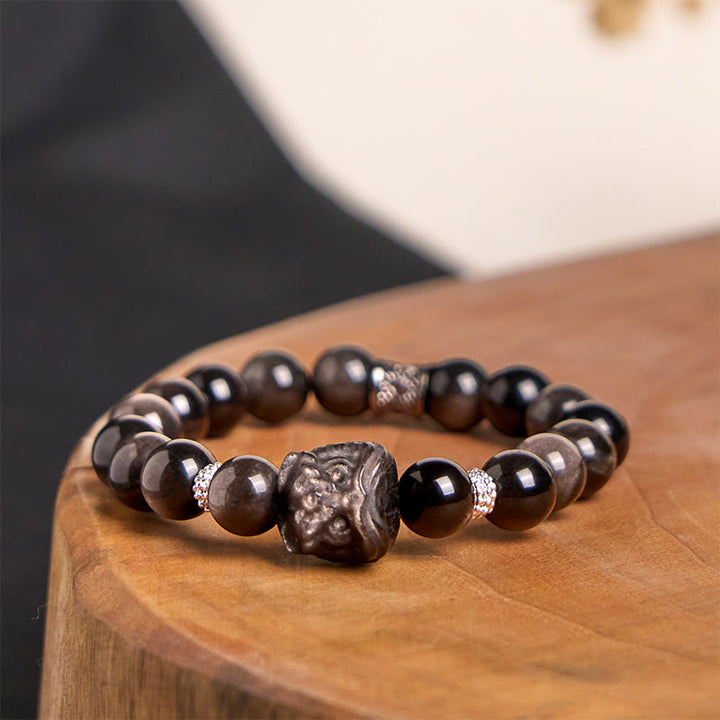 Buddha Stones Armband van obsidiaan met natuurlijke zilverglans en leeuwendans - Obsidiaan met zilverglans - 0,55 inch (Polsomtrek: 8,3-8,7 inch) - image 0