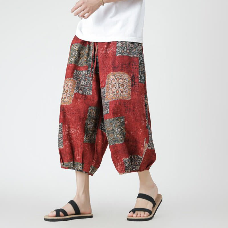 Buddha Stones Zomerse vierkante patchwork broek met olifanten-mandala- en geometrische patronen, katoen-linnen, Lengte 7-8, met Zakken. - Rood - US/UK/AU46, EU56 (5XL) - image 0