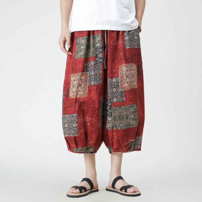 Buddha Stones Zomerse vierkante patchwork broek met olifanten-mandala- en geometrische patronen, katoen-linnen, Lengte 7-8, met Zakken. - image 1