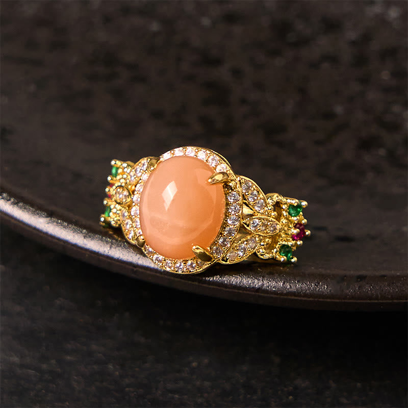 Buddha Stones Vintage Ring met vierbladig bloemmotief en perzikkleurige maansteen, verstelbaar en rustgevend. - Perzikmaansteen (Maat: circa 1 x 1,2 cm) - image 0