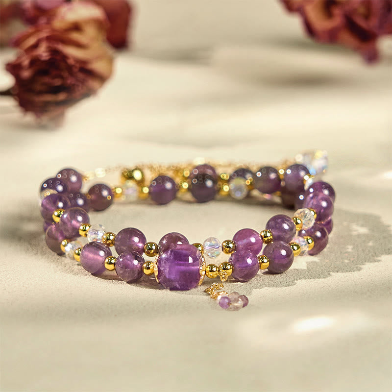 Buddha Stones Dubbele Armband met vierkante amethistkralen voor meditatie en genezing. - image 1