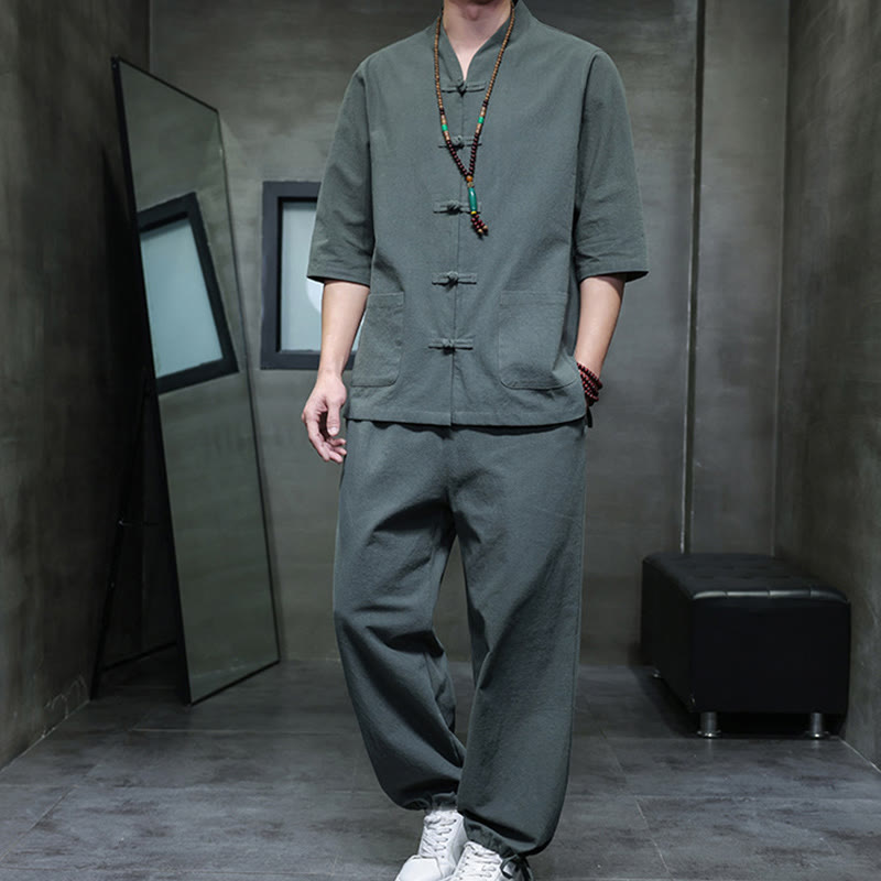 Buddha Stones 2-delige Tang Suit herenset met kikkerknopen, overhemd en broek met Zakken , katoen-linnen meditatiekleding set - CadetBlue - US/UK/AU46, EU56 (5XL) - image 0