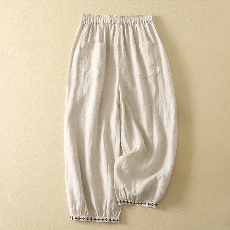 Buddha Stones Casual retro damesbroek met trekkoord en borduurdetails, Lengte 7-8, met Zakken. - image 1