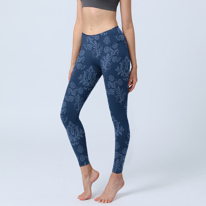 Buddha Stones Blauwe legging met bloemen- en bladprint, geschikt voor de sportschool of als yogabroek voor dames. - Staalblauw - US18, UK/AU22, EU50 (4XL) - image 0