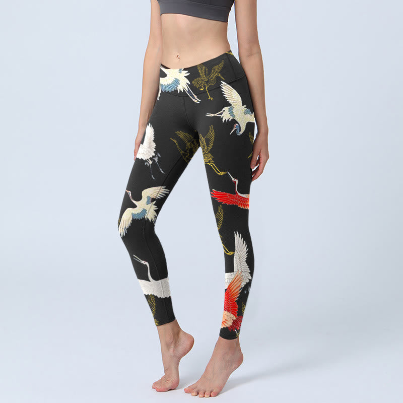 Buddha Stones Witte, rode en gouden legging met kraanvogelprint, geschikt voor de sportschool of als yogabroek voor dames. - Zwart - US18, UK/AU22, EU50 (4XL) - image 0