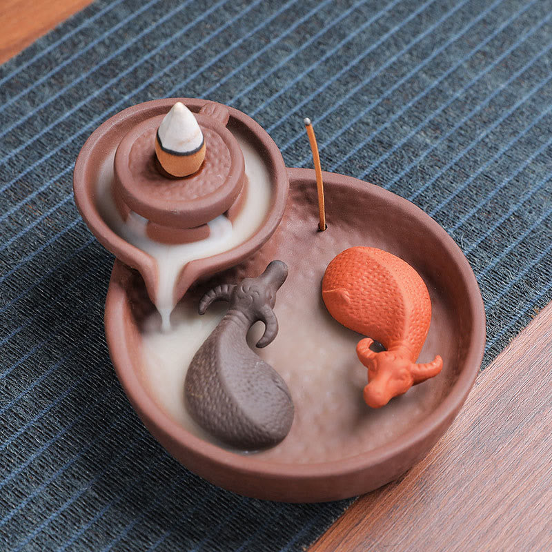 Buddha Stones Wierook van paarse klei en keramiek met koi-vismotief, decoratie voor een helende Wierook . - Os 10,8*13,5*5 cm (zonder wierook) - image 0