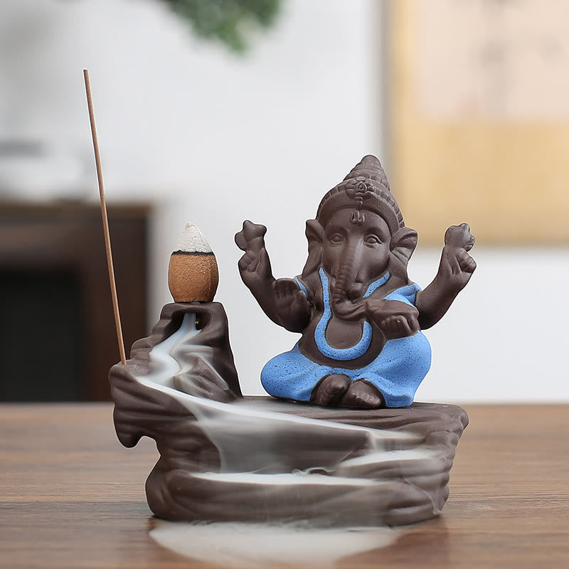 Buddha Stones Ganesh Olifant Paarse Klei Terugstroom Rookfontein Bescherming Stok Wierook - Blauw 10,1*11 cm - image 0
