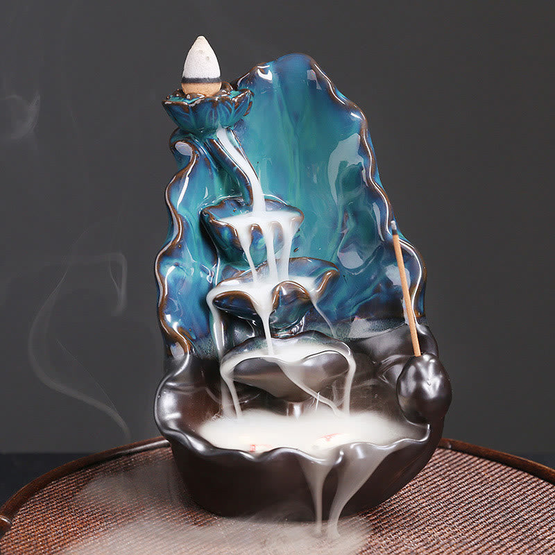Buddha Stones Keramische rookfontein met terugvloeiende rook in de vorm van een blauwe lotusblad, een spirituele Wierook ter decoratie. - Blauwe lotus 10,1*9,6*16,2 cm - image 0