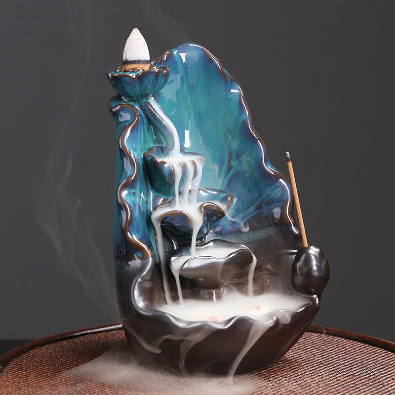 Buddha Stones Keramische rookfontein met terugvloeiende rook in de vorm van een blauwe lotusblad, een spirituele Wierook ter decoratie. - image 1