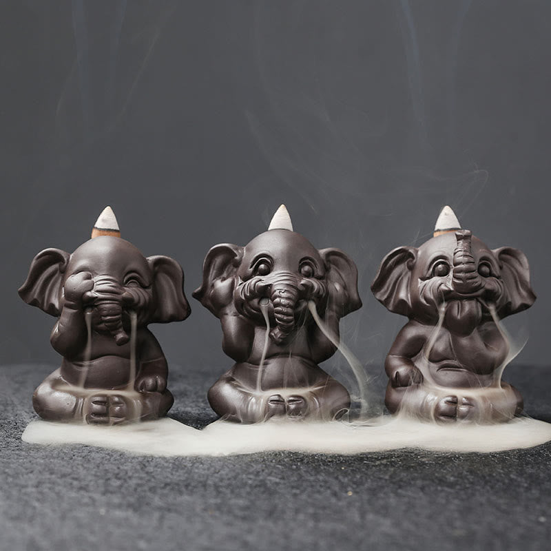 Buddha Stones Schattige olifant van paarse klei met rookfontein en terugstroomfunctie, geschikt als Wierook voor vredesbevordering. - 3-delige olifantenset - image 0