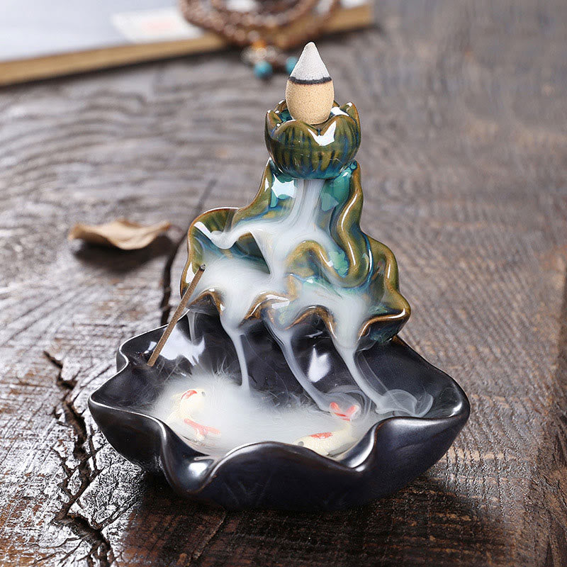 Buddha Stones Lotusblad Koi Vis Keramische Terugstroom Rookfontein Vrede Wierook Decoratie - Blauw 11,5*11*10 cm - image 0