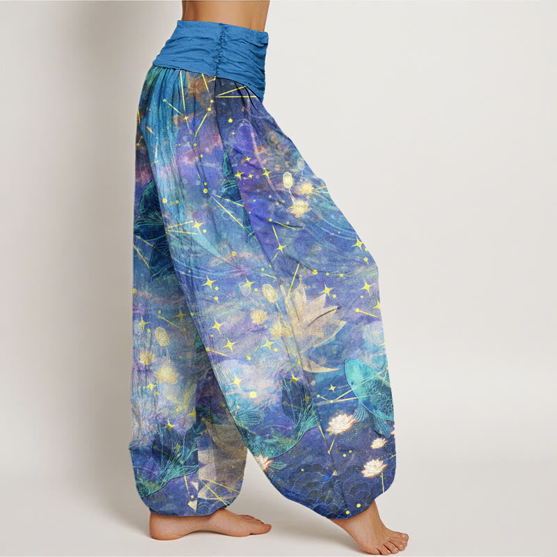 Buddha Stones Dames harembroek met elastische Taille en patroon van katoenen koivissen, lotusbloemen, maan en sterren - image 1