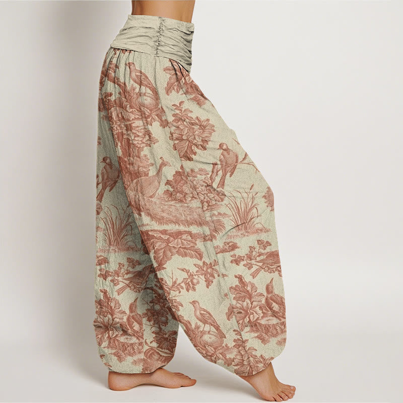 Buddha Stones Dames harembroek met elastische Taille en print van katoenen vogels, bomen en takken. - image 2