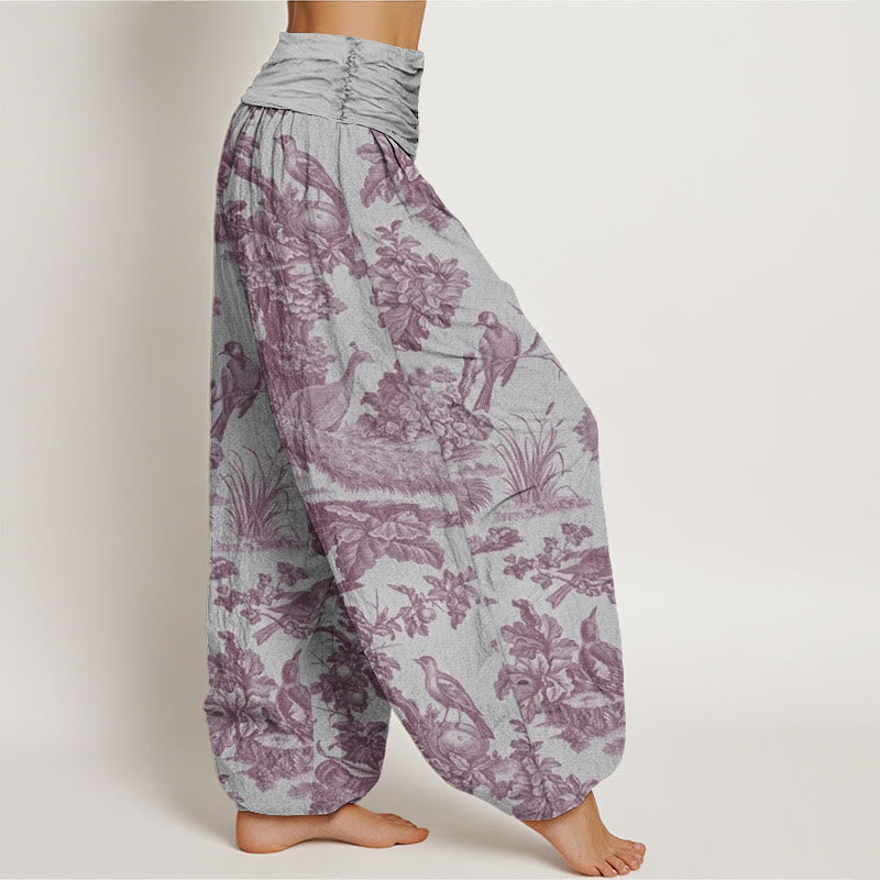 Buddha Stones Dames harembroek met elastische Taille en print van katoenen vogels, bomen en takken. - image 7