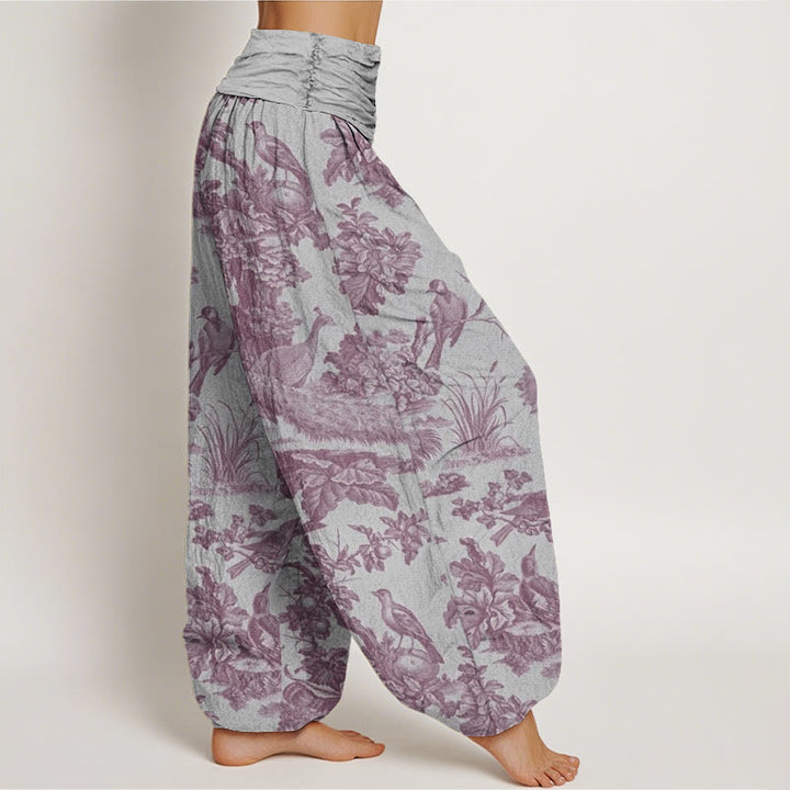 Buddha Stones Dames harembroek met elastische Taille en print van katoenen vogels, bomen en takken. - image 7