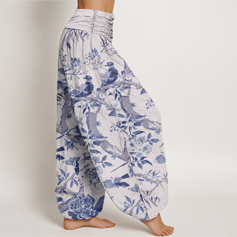 Buddha Stones Dames harembroek met elastische Taille en print van katoenen vogels, takken en bloemen - image 7