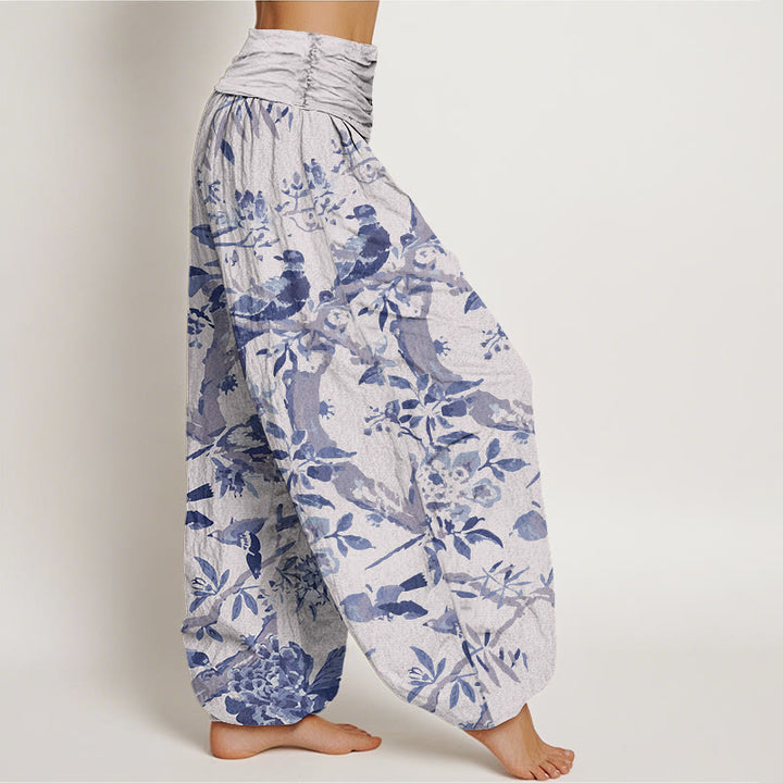 Buddha Stones Dames harembroek met elastische Taille en print van katoenen vogels, takken en bloemen - image 7