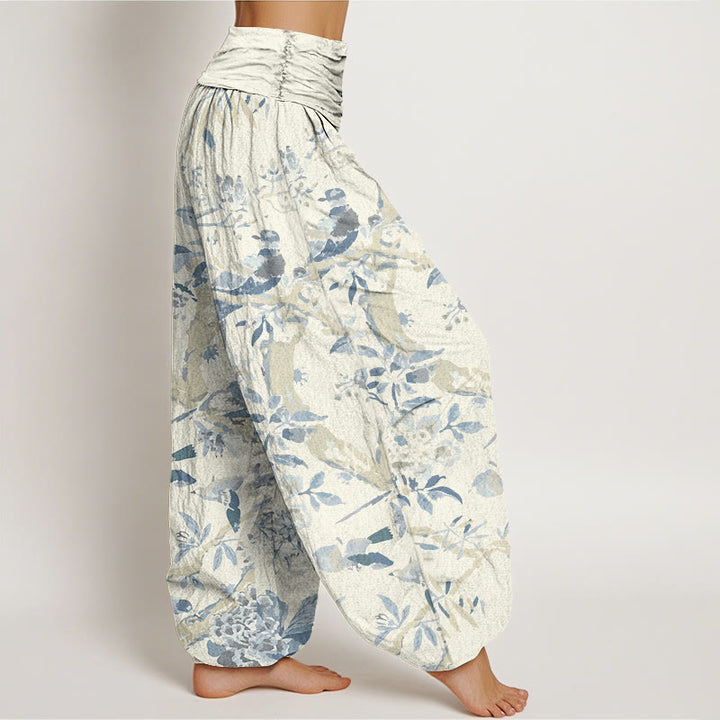 Buddha Stones Dames harembroek met elastische Taille en print van katoenen vogels, takken en bloemen - image 2