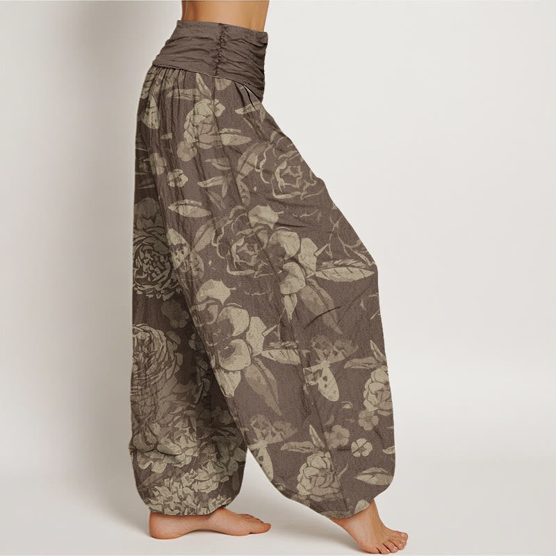 Buddha Stones Katoenen casual harembroek met pioenrozenprint en elastische Taille voor dames - image 5