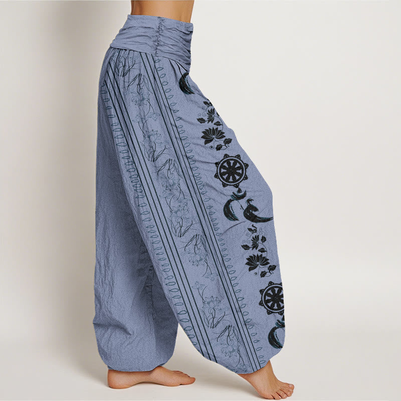 Buddha Stones Dames harembroek met elastische Taille en Dharma Wheel Lotus OM-patroon - image 1