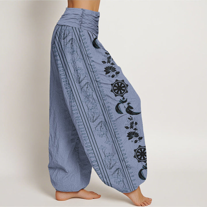 Buddha Stones Dames harembroek met elastische Taille en Dharma Wheel Lotus OM-patroon - image 1