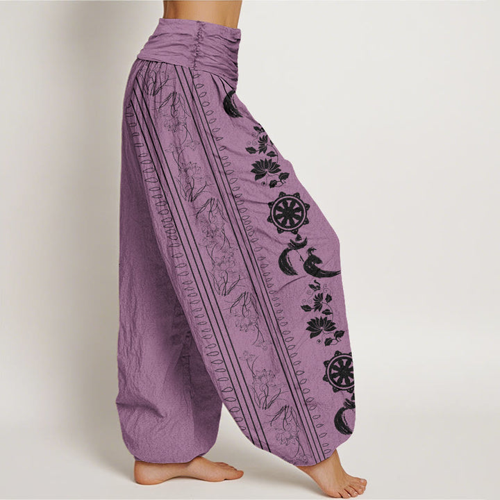 Buddha Stones Dames harembroek met elastische Taille en Dharma Wheel Lotus OM-patroon - image 6