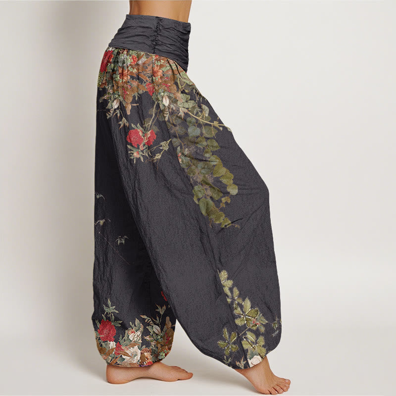 Buddha Stones Casual katoenen damesharembroek met rode pioenrozenprint en elastische Taille . - image 1