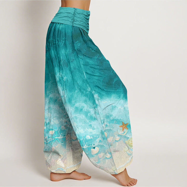 Buddha Stones Dames harembroek met elastische Taille en uitgestrekt oceaanpatroon van katoen - image 1
